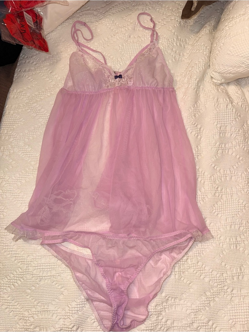 Victoria's Secret Light Pink Sheer Lace-Trim Chemise with Matching Panty